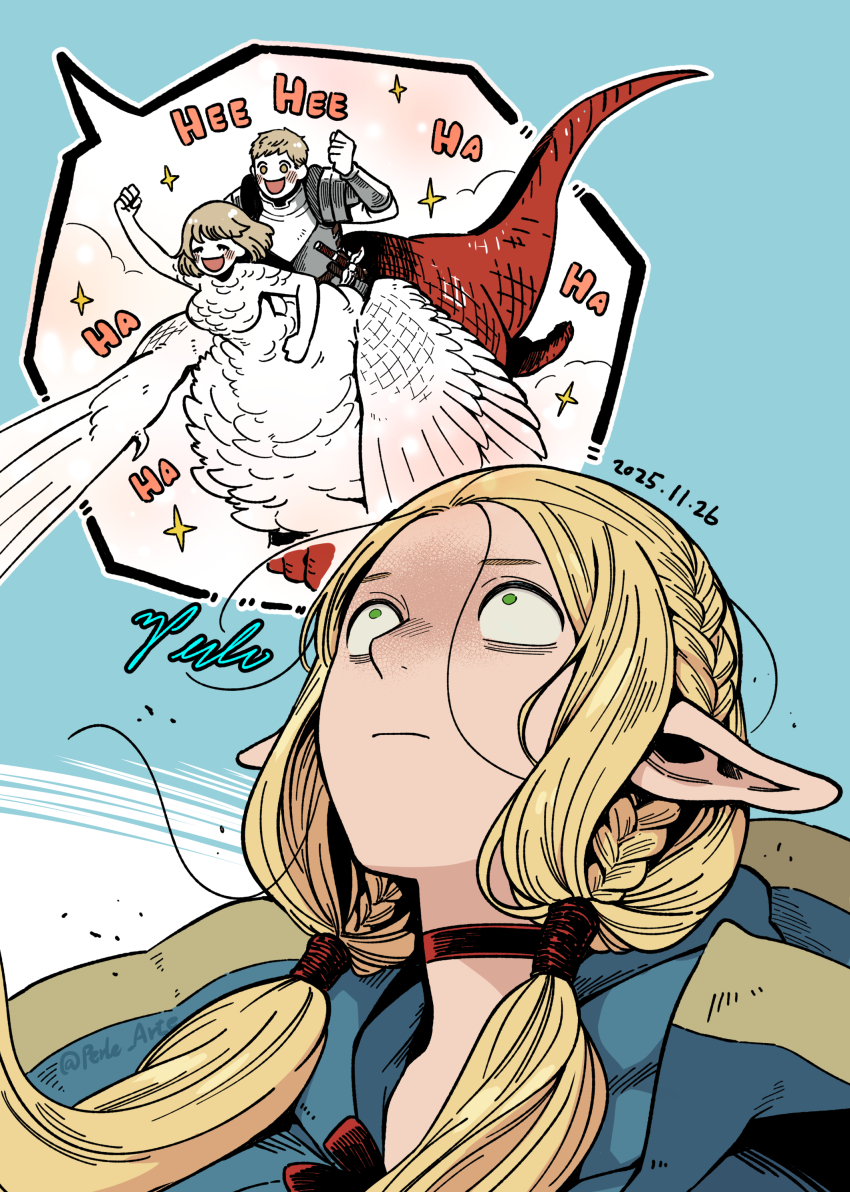 1boy 2girls :d absurdres armor blonde_hair blue_background blue_capelet braid breastplate brother_and_sister brown_hair capelet chimera choker closed_eyes commentary dated dragon_girl dragon_tail dungeon_meshi elf english_commentary falin_touden falin_touden_(chimera) feathered_wings gorget green_eyes highres hood hooded_capelet laios_touden laughing looking_up marcille_donato medium_hair multiple_girls open_mouth pauldrons perle_arte pointy_ears purple_eyes red_choker red_ribbon ribbon riding scabbard sheath short_hair shoulder_armor siblings smile sword tail twin_braids twitter_username weapon wings yellow_eyes