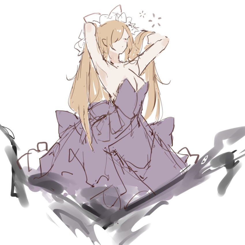 1girl bare_shoulders blonde_hair breasts cleavage closed_eyes closed_mouth collarbone commentary dress hair_ribbon hand_in_own_hair hat highres large_breasts long_hair mob_cap no_bra po_(anhk5528) purple_dress red_ribbon ribbon simple_background solo strapless strapless_dress touhou very_long_hair white_background white_hat yakumo_yukari