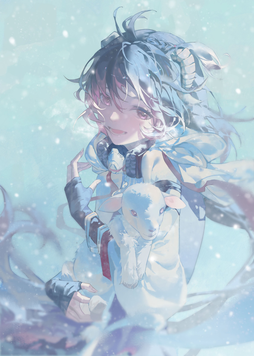 1girl absurdres animal animal_ears antenna_hair arknights black_gloves brown_hair eyjafjalla_(arknights) fingerless_gloves gejiandenghuo gloves highres holding_sheep horns jacket lower_teeth_only mask mask_around_neck open_mouth pink_eyes sheep_ears sheep_girl sheep_horns snow solo staff teeth upper_body white_jacket wings winter
