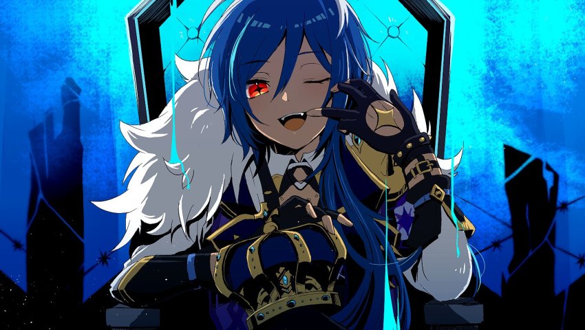 +_+ 1boy ;d abstract_background arm_up backlighting black_gloves blue_hair blue_theme cape commentary crown dark-skinned_male dark_skin derivative_work fangs fingerless_gloves formal_clothes fur-trimmed_cape fur_trim genshin_impact gloves holding holding_crown kaeya_(genshin_impact) king_(vocaloid) long_hair male_focus one_eye_closed open_mouth parody ponytail red_eyes sidelocks sitting smile solo symbol-shaped_pupils teeth thrown tongue upper_body upper_teeth_only vocaloid yuuzatta