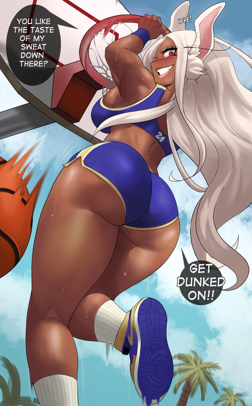 1girl :d absurdres animal_ears ass back ball bare_shoulders basket basketball basketball_(object) basketball_hoop blue_shoes blue_shorts blue_sports_bra blush boku_no_hero_academia breasts dark-skinned_female dark_skin echo_saber english_text from_behind from_below high_tops highres holding kneepits large_breasts long_eyelashes long_hair looking_at_viewer mirko motion_lines nike_(company) open_mouth outdoors palm_tree parted_bangs playing_sports rabbit_ears rabbit_girl rabbit_tail red_eyes shoes short_shorts shorts sky smile sneakers socks solo speech_bubble sports_bra sportswear tail teeth thick_thighs thighs tree very_long_hair white_hair white_socks