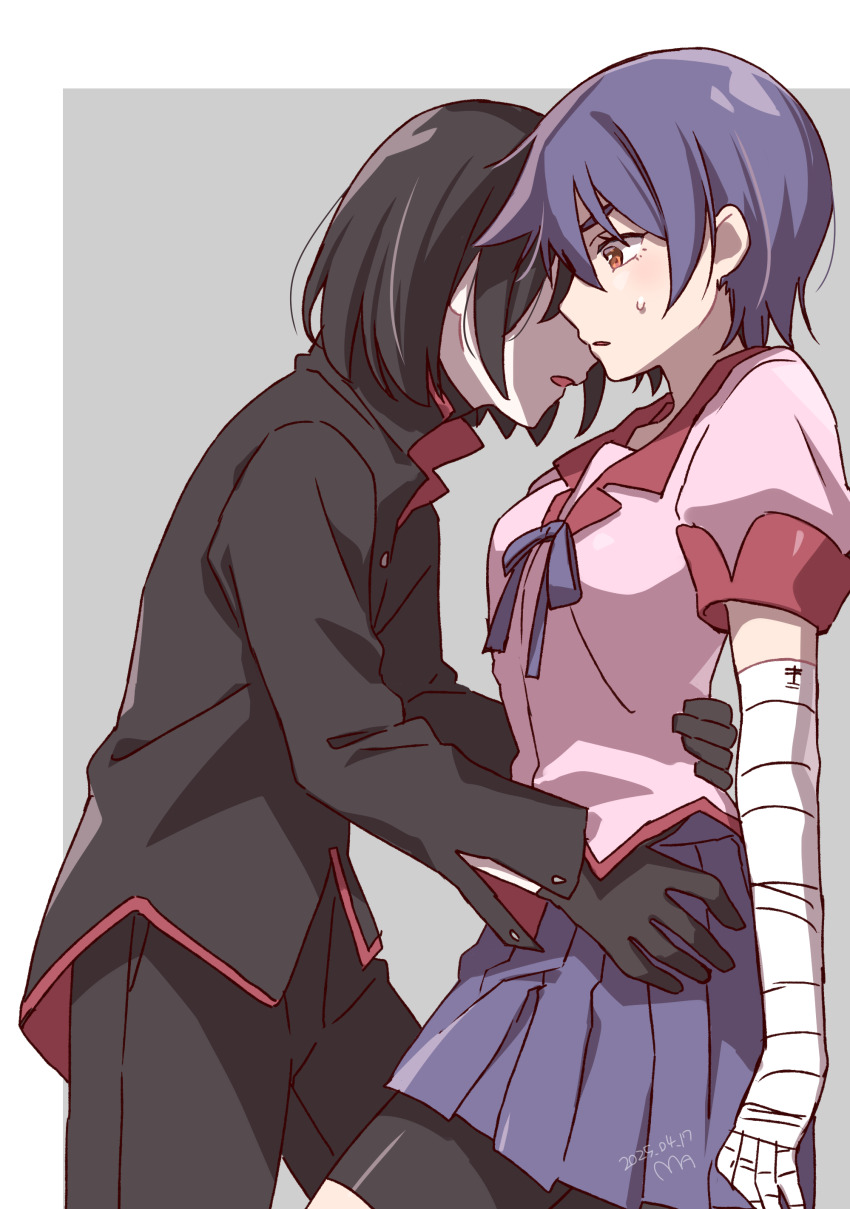 1boy 1girl absurdres bandaged_arm bandages bike_shorts black_gloves black_hair black_jacket black_pants blue_hair blue_skirt breasts cowboy_shot from_side gakuran gloves grey_background hands_on_another&#039;s_waist hetero highres hug jacket kanbaru_suruga long_sleeves manimani_(mani_ma) medium_breasts monogatari_(series) naoetsu_high_school_uniform open_mouth oshino_ougi pale_skin pants pleated_skirt profile school_uniform short_hair skirt standing sweatdrop