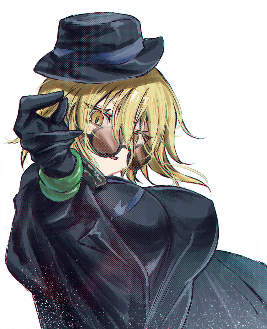 1girl black_coat black_dress black_gloves black_hat blonde_hair blush bracelet breasts china_dress chinese_clothes coat coat_on_shoulders dainatsu don_quixote_(project_moon) dress earrings cinq_east_(identity)_(project_moon) gloves hat highres jewelry large_breasts limbus_company long_sleeves open_mouth partially_opaque_sunglasses project_moon round_eyewear short_hair simple_background single_earring smile solo sunglasses tilted_headwear tilted_headwear white_background yellow_eyes