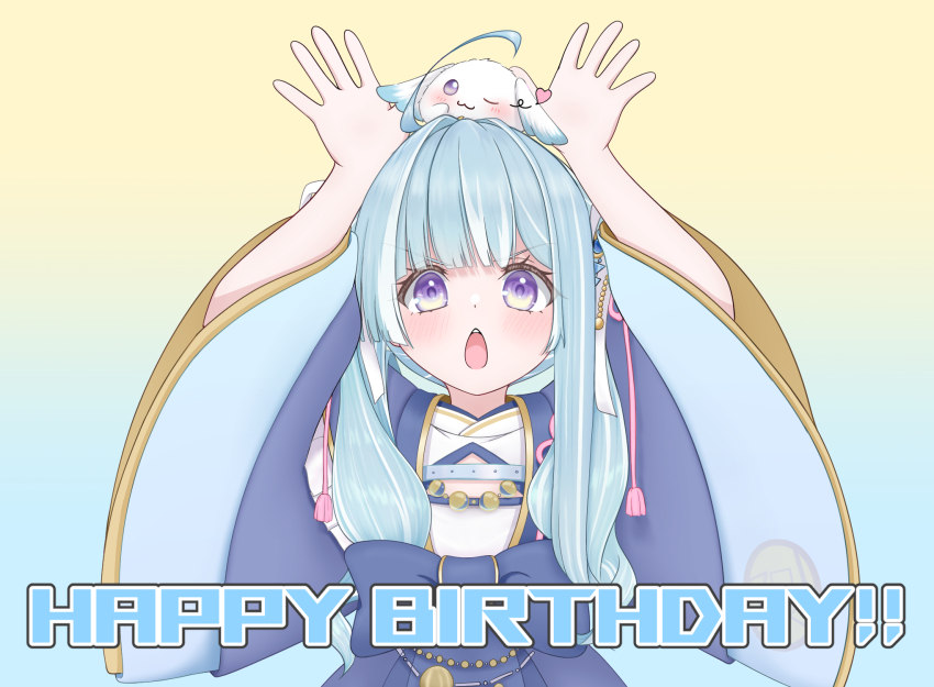 1girl amaui animal animal_on_head blue_background blue_hair blue_kimono blunt_bangs blush commentary_request cuore_0624 frilled_sleeves frills gradient_background hands_up happy_birthday highres japanese_clothes kimono long_hair long_sleeves looking_at_viewer multicolored_hair nanashi_inc. on_head open_mouth pink_ribbon purple_eyes rabbit rabbit_on_head ribbon smile solo tassel two-tone_hair upper_body v-shaped_eyebrows virtual_youtuber white_hair yellow_background