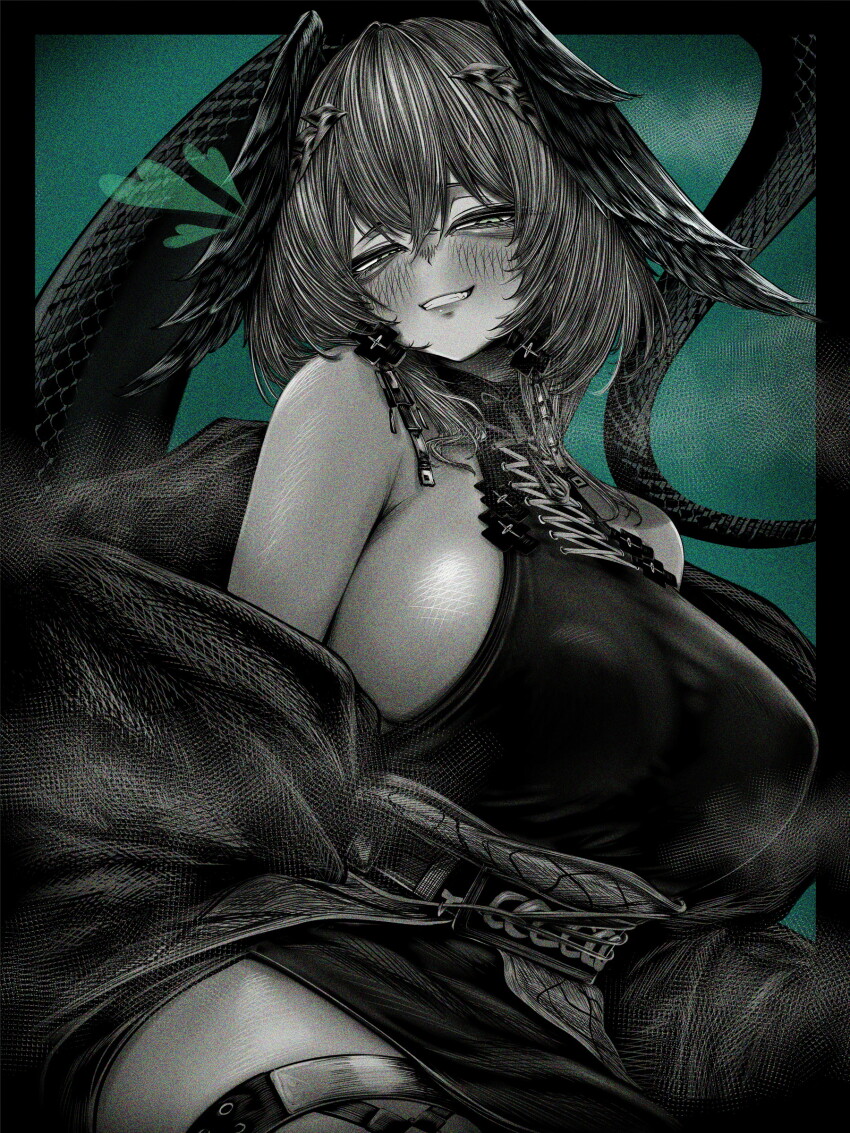 1girl absurdres arknights bare_shoulders black_dress blush breasts clenched_teeth commentary_request dress earrings feathered_wings greyscale hair_between_eyes head_wings heart highres ho&#039;olheyak_(arknights) ho&#039;olheyak_(ritual_of_immortality)_(arknights) jewelry kyoeikyoei52906 large_breasts long_tail looking_at_viewer medium_hair monochrome official_alternate_costume sideboob sleeveless snake_tail solo tail teeth wings