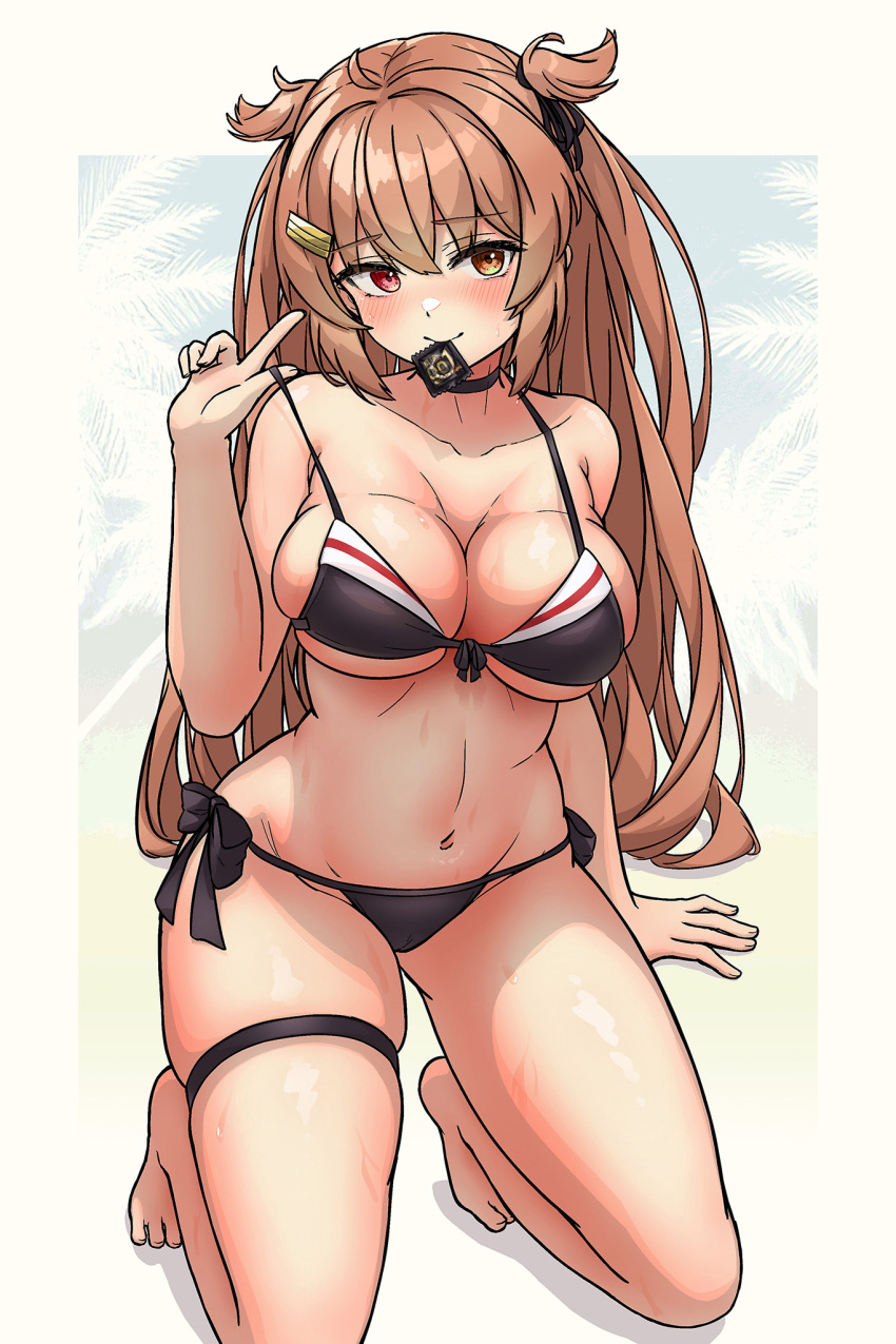 1girl adapted_costume arthur_ko bare_legs barefoot bikini black_bikini black_choker breasts brown_hair choker cleavage closed_mouth collarbone commentary_request condom condom_in_mouth condom_wrapper feet hair_between_eyes hair_ornament hair_ribbon hairclip highres kantai_collection large_breasts long_hair looking_at_viewer mouth_hold murasame_(kancolle) murasame_(swimsuit)_(kancolle) murasame_kai_ni_(kancolle) navel red_eyes ribbon sidelocks skindentation solo swimsuit thigh_strap toes underboob