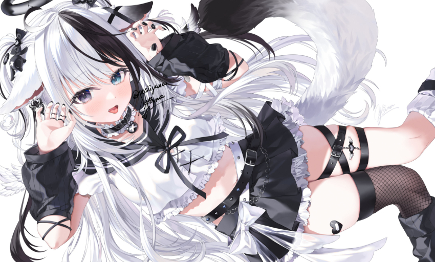 1girl animal_ears arm_warmers belt black_eyes black_nails black_sailor_collar black_skirt blue_eyes character_request claw_pose crop_top crop_top_overhang fangs fishnet_thighhighs fishnets frilled_shirt frills halo hands_up heterochromia highres indie_virtual_youtuber long_hair looking_at_viewer loose_belt midriff miniskirt multicolored_hair nail_polish open_mouth pleated_skirt sailor_collar school_uniform serafuku shirt short_sleeves single_thighhigh skirt smile solo stomach streaked_hair tail thigh_strap thighhighs thighs tongue tongue_out very_long_hair virtual_youtuber white_hair white_shirt yana_mori
