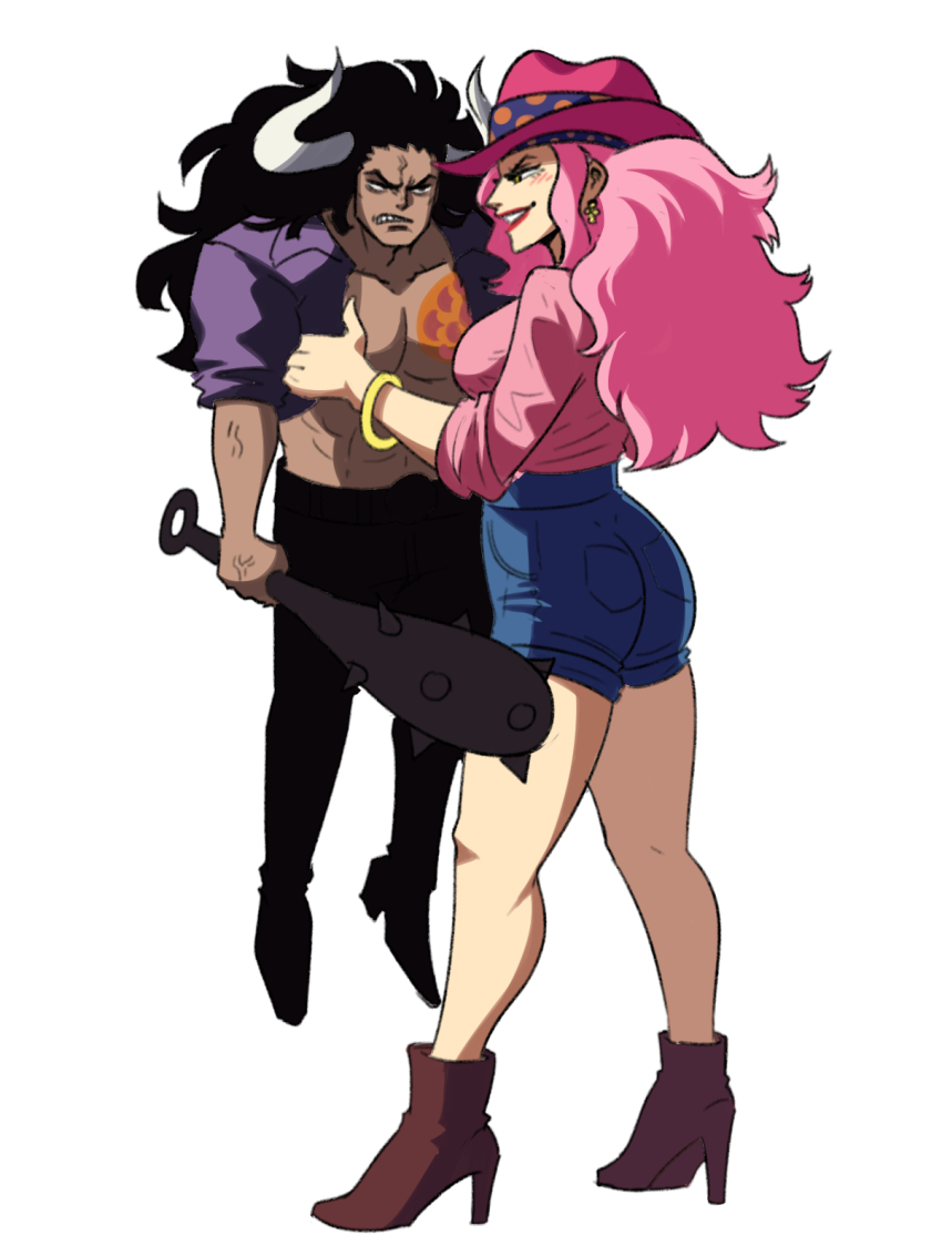 1boy 1girl aged_down angry ass black_hair breasts charlotte_linlin club club_(weapon) cowboy_clothes cowboy_hat grin hat highres horns huge_ass kaidou_(one_piece) kanabou large_breasts lauren_phillips_lifting_alice_merchesi_(meme) mature_female meme muscular muscular_male one_piece pink_hair shortstack size_difference smile tall_female weapon yellow_eyes
