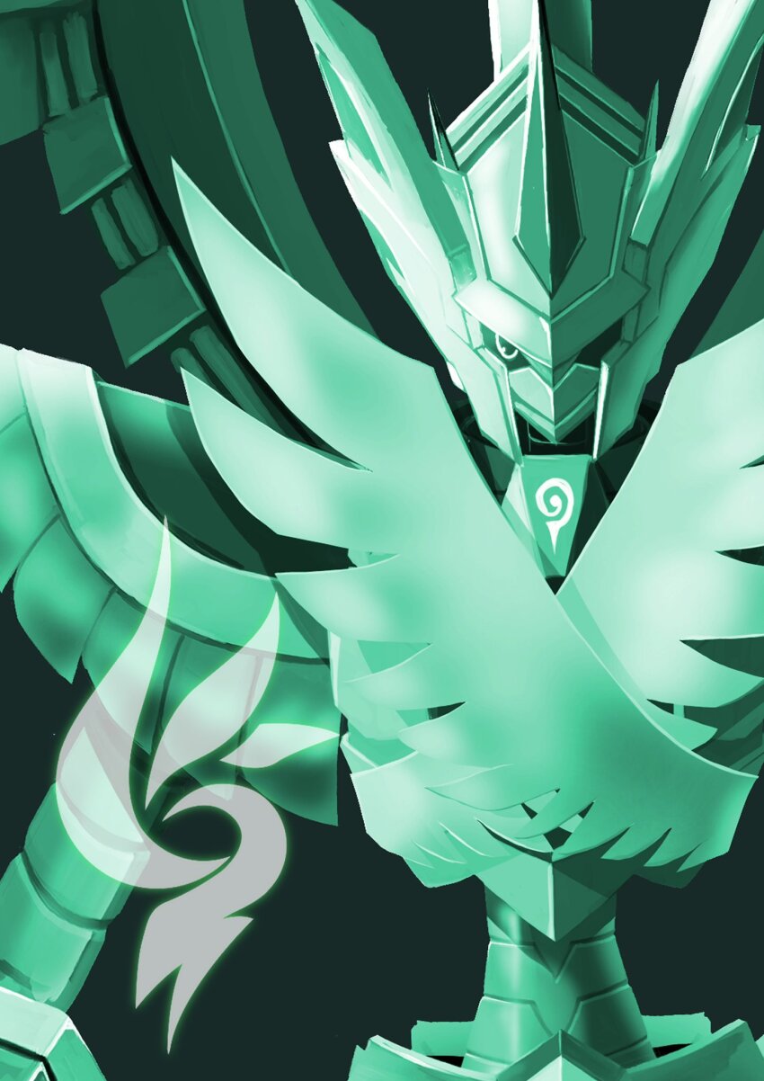 bird dark_background digimon digimon_card_game digimon_liberator dragon green_background green_theme greyscale highres horns knight monochrome single_horn solo upper_body usagibochi zephagamon
