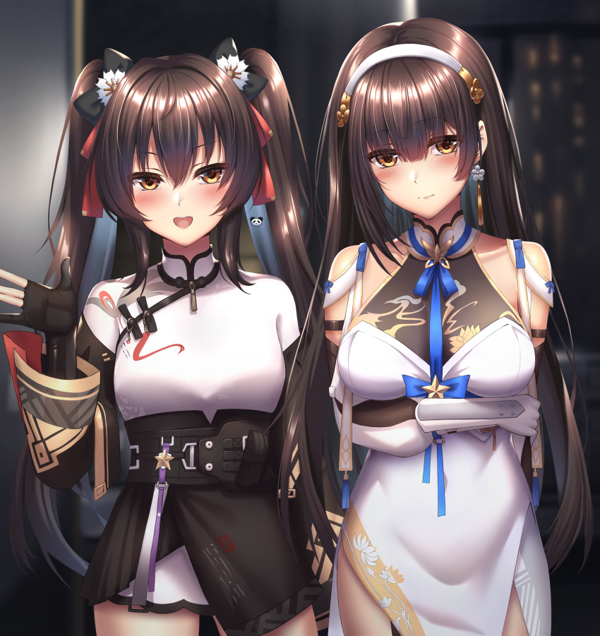 2girls absurdres bare_shoulders black_hair bow breasts closed_mouth collarbone cowboy_shot daiyan_(girls&#039;_frontline_2) dress girls&#039;_frontline girls&#039;_frontline_2:_exilium gloves hair_bow hair_ornament hairband highres jiangyu_(girls&#039;_frontline_2) large_breasts long_hair multiple_girls open_mouth twintails type_95_(girls&#039;_frontline) type_97_(girls&#039;_frontline) white_dress xlscaler yellow_eyes