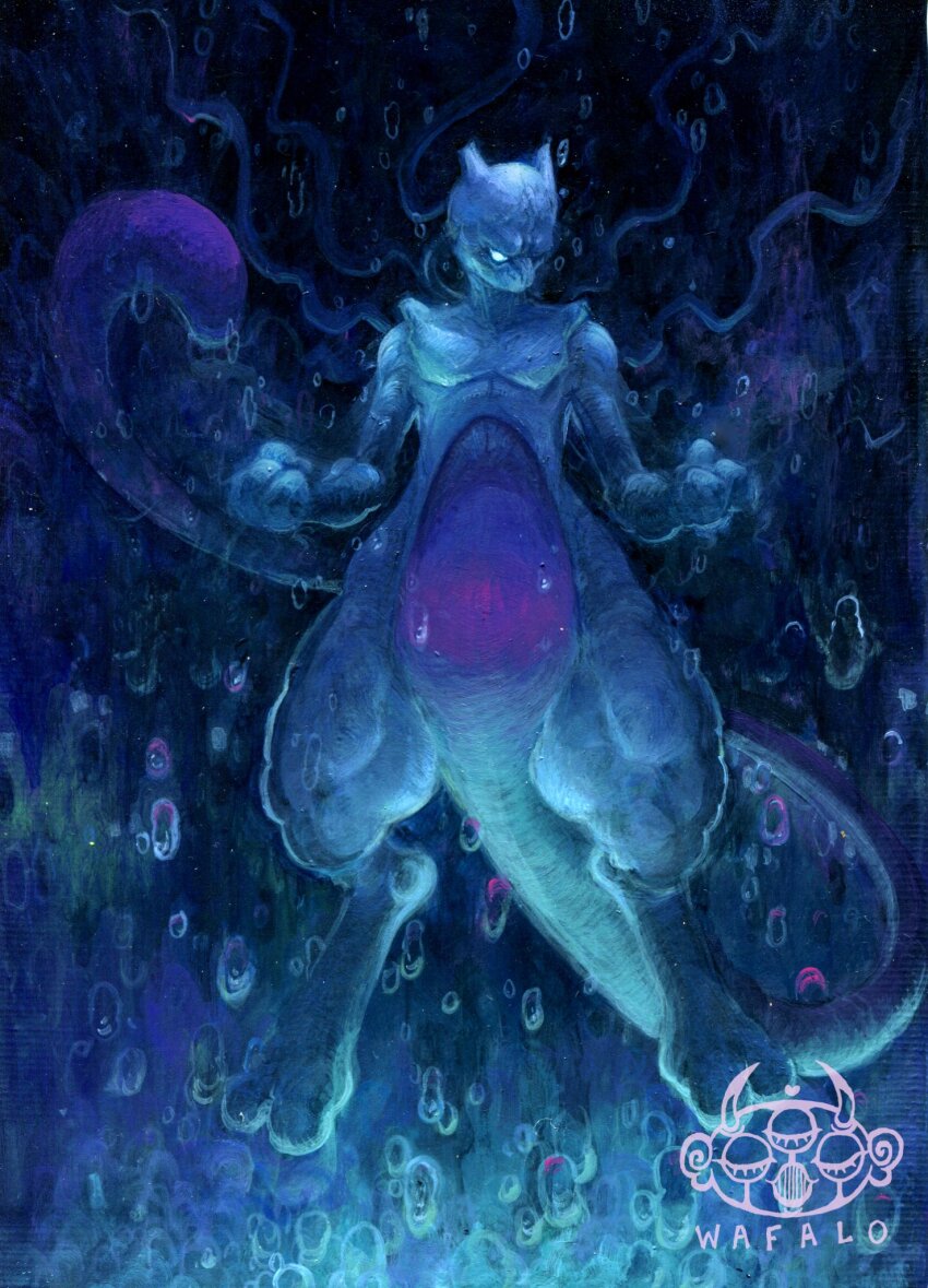 1other acrylic_paint_(medium) alternate_color artist_logo bubble clenched_hands dark_background frown full_body gen_1_pokemon highres horns legendary_pokemon logo long_tail mewtwo nintendo no_humans painting_(medium) pokemon pokemon_(creature) shiny_pokemon tail traditional_media wafalo white_eyes