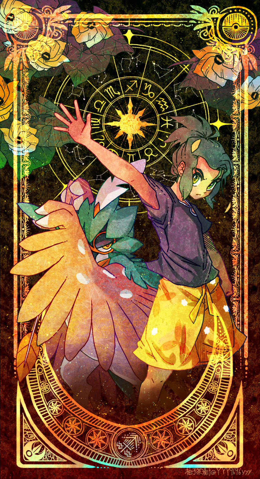1boy arrow_(projectile) black_shirt closed_mouth commentary_request constellation creatures_(company) dark-skinned_male dark_skin decidueye flower game_freak gen_3_pokemon gen_7_pokemon green_eyes half-closed_eyes hau_(pokemon) highres lunatone male_focus nintendo outstretched_arm poke_ball_symbol pokemon pokemon_(creature) pokemon_sm red_pupils shirt short_sleeves shorts sky standing star_(sky) starry_sky yellow_eyes yellow_shorts yyy9696yyy zodiac