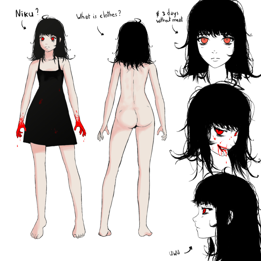 1girl ass back black_dress black_hair blood blood_on_face blood_on_hands breasts dress feet highres legs lena_miaou niku_(lena_miaou) original pubic_hair red_eyes reference_sheet sharp_teeth small_breasts sundress teeth toes tongue