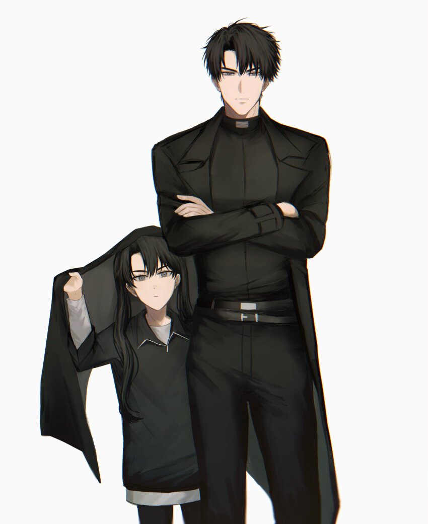 0juhcd 1boy 1girl black_coat black_hair black_shirt brother_and_sister coat cowboy_shot crossed_arms curtained_hair hair_over_shoulder hands_up hashtag-only_commentary height_difference highres long_hair looking_at_viewer omniscient_reader&#039;s_viewpoint open_clothes open_coat serious shirt short_hair siblings undershirt yoo_joonghyuk yoo_mia
