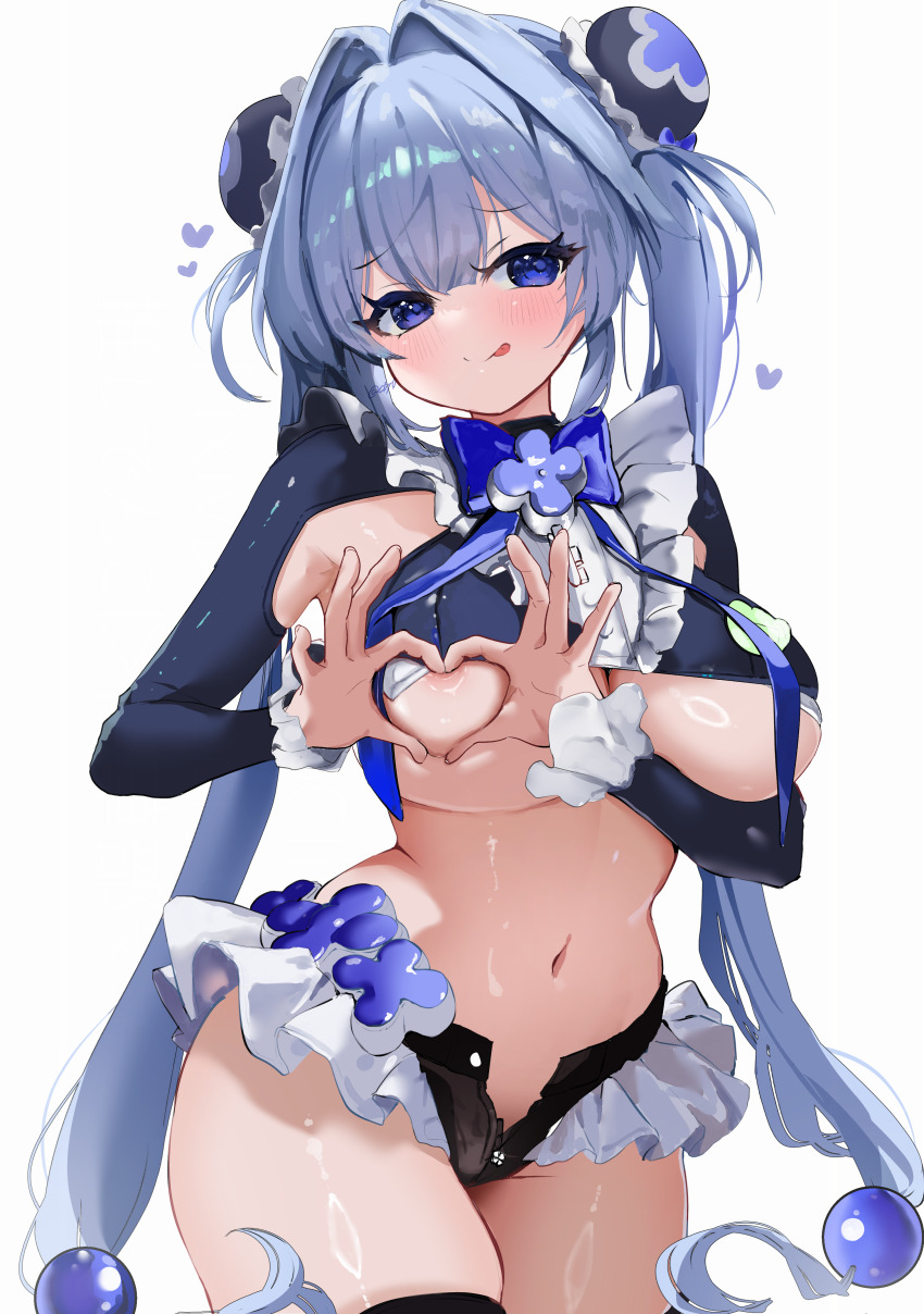 1girl absurdres bikini blue_eyes breasts goddess_of_victory:_nikke grey_hair hansel_(nikke) heart-shaped_boob_challenge highres large_breasts long_hair looking_at_viewer maid maid_bikini navel ramune_ramune simple_background smile solo swimsuit tongue tongue_out twintails unconventional_maid very_long_hair white_background