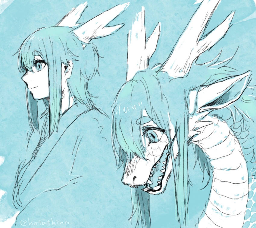 1boy blue_background blue_theme commentary_request dragon dragon_boy dragon_horns dual_persona eastern_dragon eastern_dragon_horns highres horns hotathino japanese_clothes kimono looking_to_the_side male_focus monochrome original simple_background upper_body