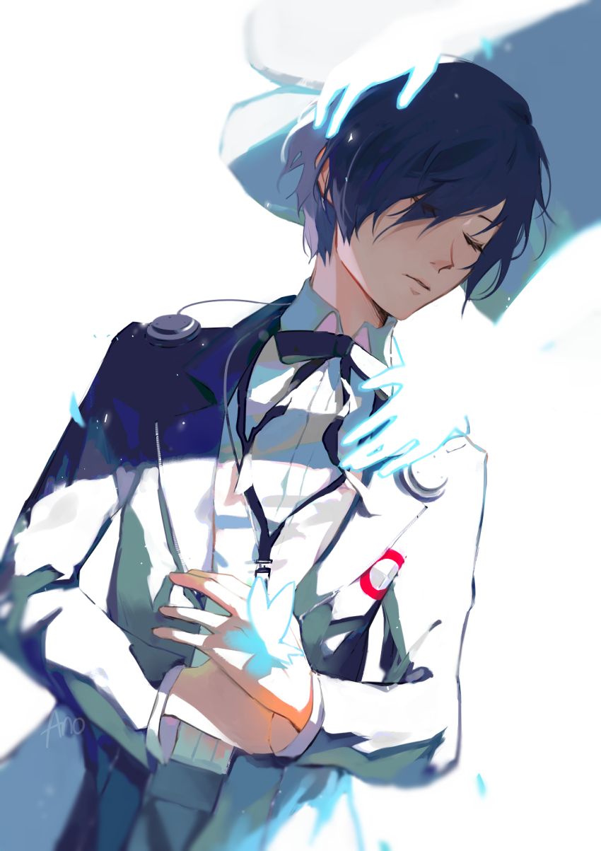 1boy 1girl aigis_(persona) anocurry black_bow black_bowtie black_jacket black_pants blue_hair bow bowtie bug butterfly closed_eyes digital_media_player gekkoukan_high_school_uniform hair_over_one_eye hand_on_another&#039;s_shoulder hands_on_own_stomach headphones highres insect jacket lap_pillow lying on_back pants persona persona_3 school_uniform shirt signature sunlight white_background white_shirt yuuki_makoto_(persona_3)