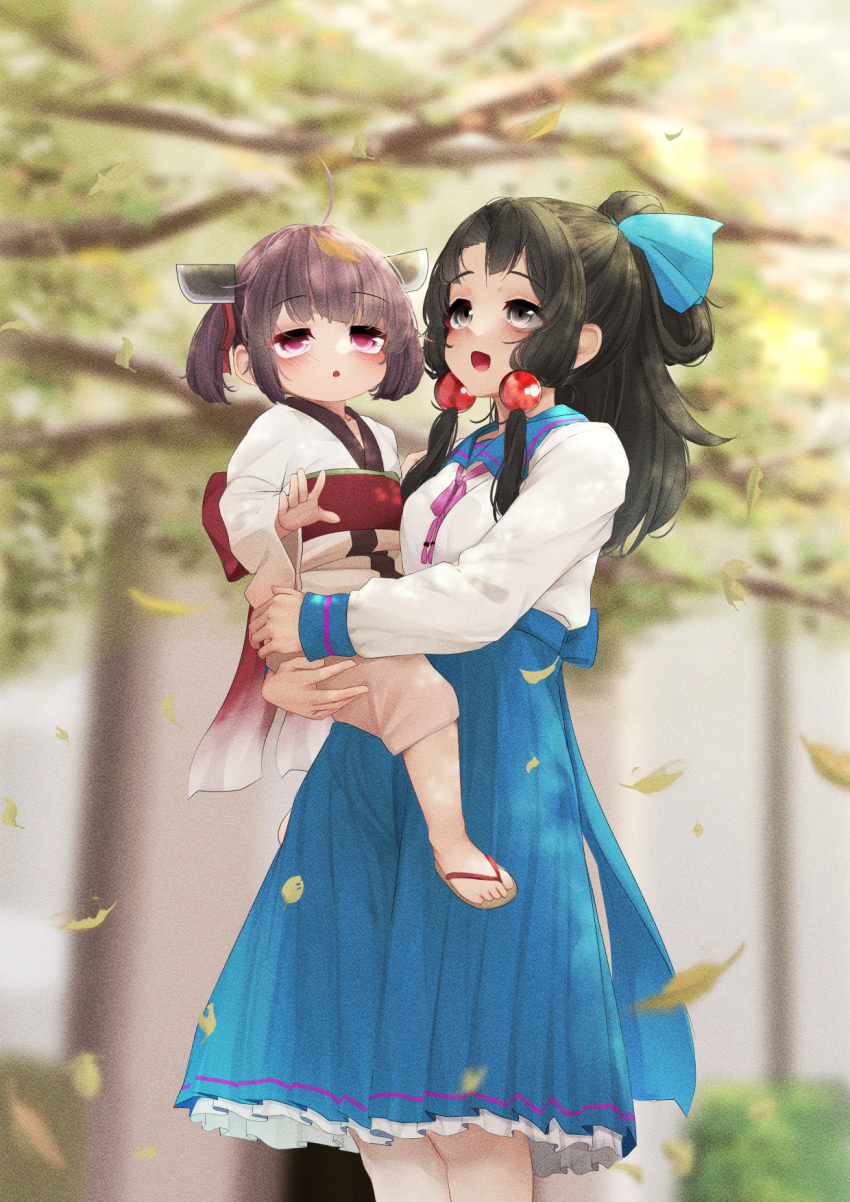 2girls alternate_costume alternate_hair_color bad_id bad_pixiv_id black_hair blue_sailor_collar blue_skirt blurry blurry_background blush brown_hair carrying child_carry commentary_request day falling_leaves feet_out_of_frame headgear highres japanese_clothes kimono leaf long_hair long_sleeves looking_up multiple_girls ne_an_ito obi open_mouth outdoors pleated_skirt ponytail red_eyes sailor_collar sandals sash shirt short_hair short_twintails siblings sidelocks sisters skirt smile standing touhoku_itako touhoku_kiritan tree twintails voiceroid white_eyes white_kimono white_shirt zouri