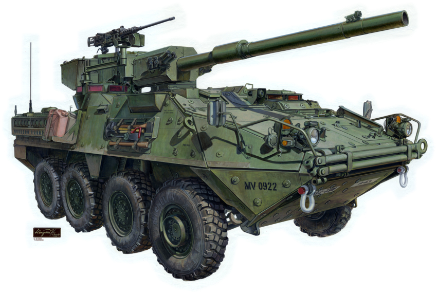 armored_fighting_vehicle armored_personnel_carrier armored_vehicle artist_logo axe box_art browning_m2 cannon commentary_request gun heavy_machine_gun jerry_can koizumi_kazuaki_production logo machine_gun michelin military military_vehicle motor_vehicle no_humans original radio_antenna self-propelled_artillery shovel signature simple_background stryker_(afv) unused_tire vehicle_focus weapon wheel white_background