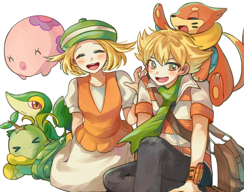 1boy 1girl :d bag barry_(pokemon) beret bianca_(pokemon) blonde_hair blush brown_bag buizel closed_eyes collarbone creatures_(company) dress facing_viewer game_freak gen_4_pokemon gen_5_pokemon green_hat green_scarf hand_up hat jacket kong_(6ki3ki) munna nintendo open_mouth orange_vest pants pokemon pokemon_(creature) pokemon_bw pokemon_dppt scarf short_hair short_sleeves shoulder_bag smile snivy striped_clothes striped_jacket teeth tongue turtwig upper_teeth_only vest white_background white_dress