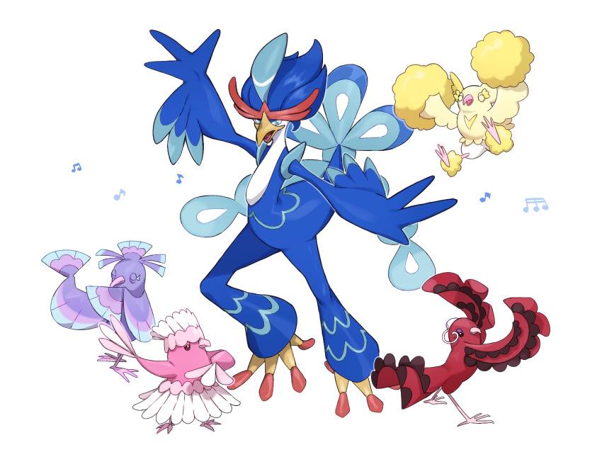 bird blue_eyes closed_eyes closed_mouth commentary_request dancing full_body gen_7_pokemon legs_apart musical_note nanaheibei_3 nintendo open_mouth oricorio oricorio_(baile) oricorio_(pa&#039;u) oricorio_(pom-pom) oricorio_(sensu) pokemon pokemon_(creature) quaquaval simple_background trait_connection white_background