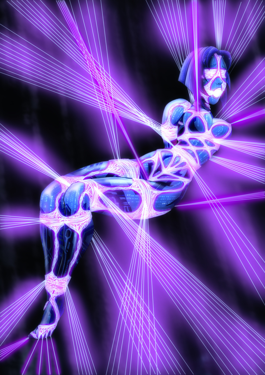 1girl absurdres arms_behind_back ball_gag barefoot bdsm blindfold blue_hair bondage bound breasts cortana crotch_rope feet full_body gag halo_(game) harness highres hologram medium_breasts nude shibari short_hair suspension