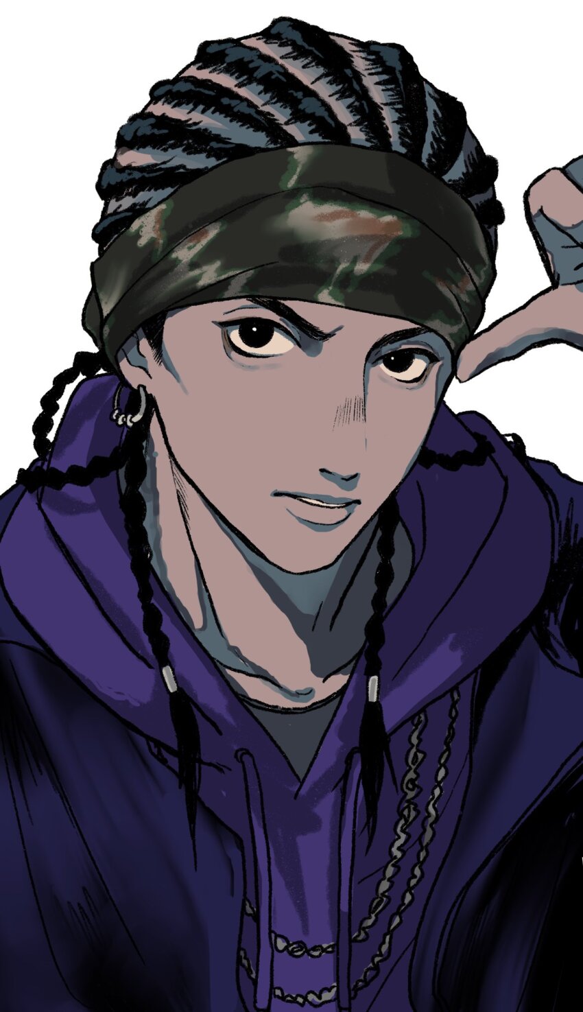 1boy abinofa adam&#039;s_apple bandana black_eyes black_hair camouflage_bandana chain chain_necklace collarbone cornrows douan_kazusato drawstring furrowed_brow highres hood hood_down hoodie hypnosis_mic hypnosis_mic:_rule_the_stage jacket jacket_over_hoodie jewelry light_frown long_hair looking_at_viewer male_focus multiple_necklaces muted_color necklace open_clothes open_jacket parted_lips pointing pointing_at_self portrait purple_hoodie purple_jacket sideburns simple_background solo v-shaped_eyebrows white_background