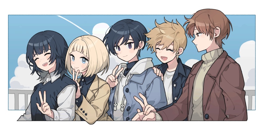2girls 3boys absurdres black_hair black_jacket black_shirt blonde_hair blue_eyes blue_jacket blue_sky bob_cut border brown_eyes brown_hair casual closed_eyes closed_mouth cropped_torso drawstring dress_shirt from_side grey_sweater hand_on_another&#039;s_shoulder hand_up happy hatohara_mirai highres hiyami_aki holding_hands hood hood_down hoodie inukai_sumiharu jacket korean_commentary long_sleeves looking_ahead looking_at_viewer multiple_boys multiple_girls nana_0253 ninomiya_masataka open_mouth outside_border purple_eyes queue red_jacket shirt short_hair sky smile sweater sweater_vest tsuji_shinnosuke turtleneck turtleneck_sweater v w white_hoodie white_shirt world_trigger yellow_jacket