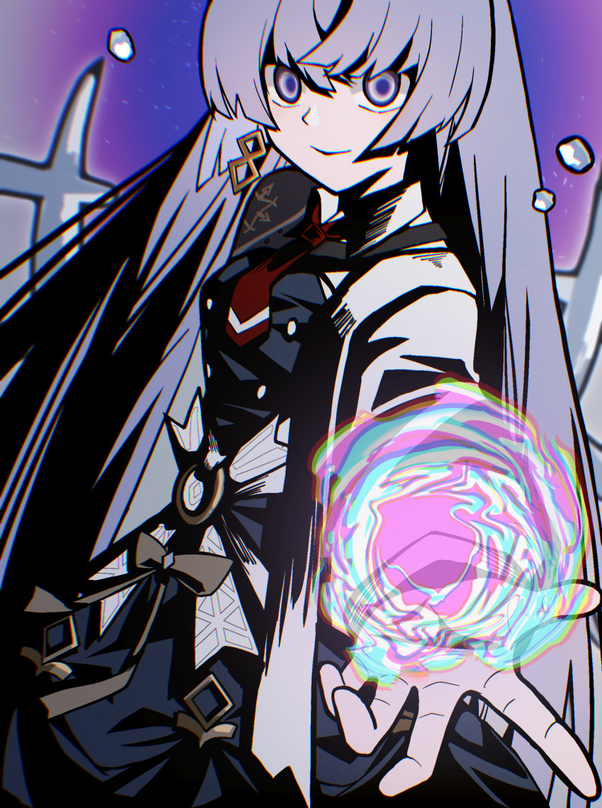 1girl absurdres arcaea energy energy_ball eternalcompass highres insight_(arcaea) long_hair looking_at_viewer necktie purple_background purple_eyes purple_hair red_necktie very_long_hair