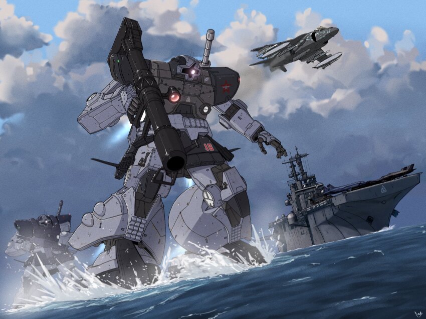 aircraft aircraft_carrier airplane av_8b_harrier_ii bazooka_(gundam) cloud cloudy_sky commentary english_commentary fighter_jet glowing glowing_eye gundam helicopter highres holding holding_weapon mecha mecha_focus mfi_foxglove military_vehicle mobile_suit_gundam no_humans ocean one-eyed rah-66_comanche rick_dom robot science_fiction ship sky vehicle_request warship watercraft weapon