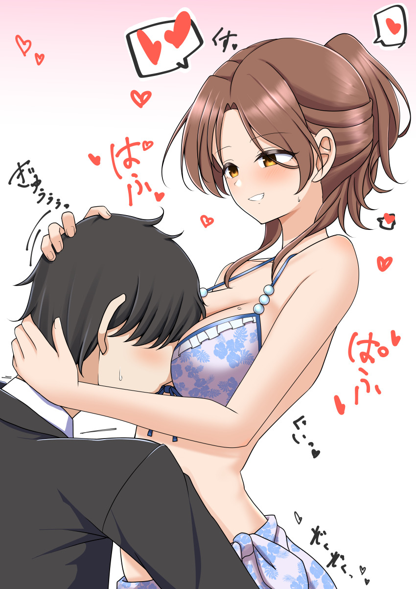 1boy 1girl absurdres assertive_female between_breasts bikini breast_smother breasts brown_hair come_hither face_between_breasts face_to_breasts head_between_breasts heart highres hug idolmaster idolmaster_cinderella_girls kawashima_mizuki large_breasts looking_at_another mature_female motodouryou ponytail producer_(idolmaster) smile swimsuit yellow_eyes