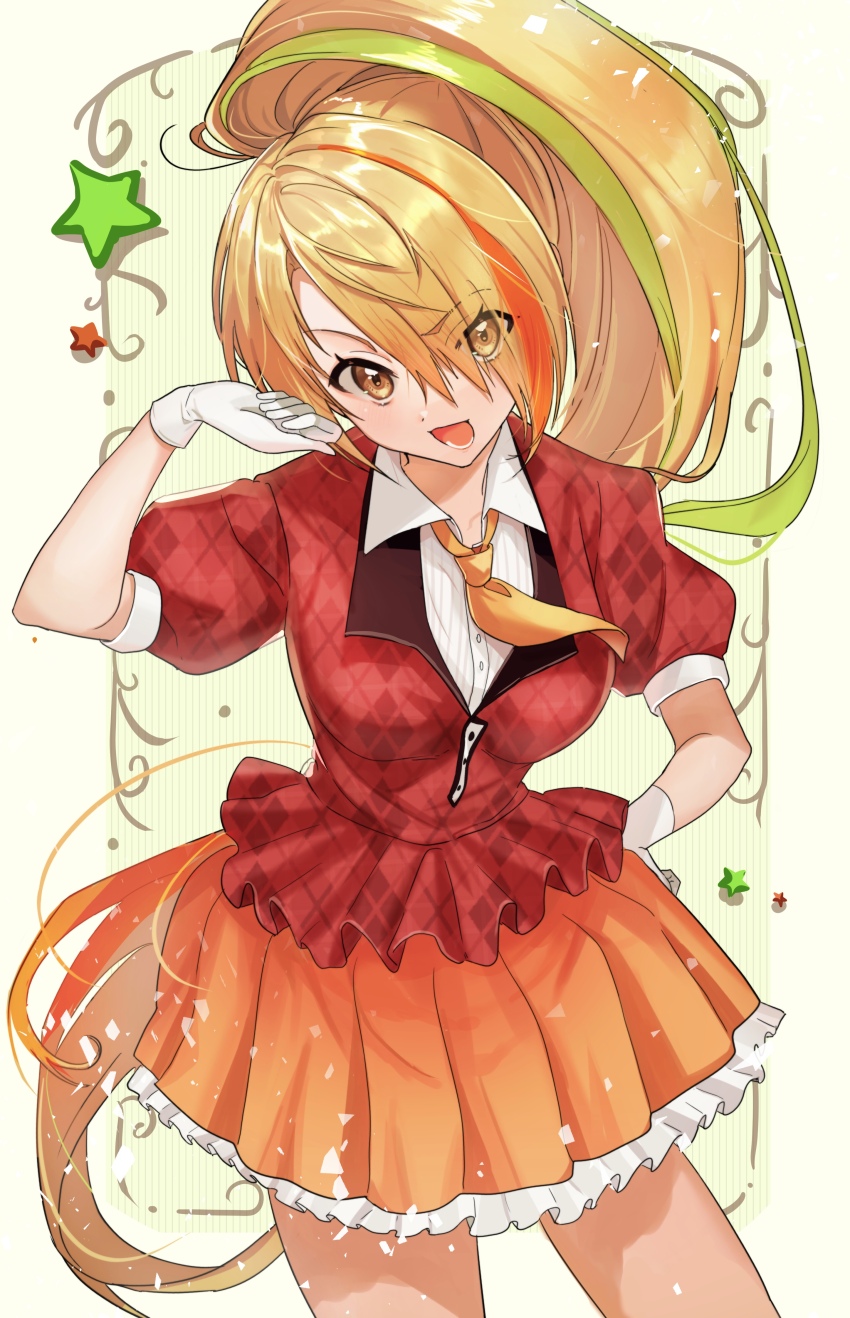 :d absurdres ascot blonde_hair breasts brown_eyes collared_shirt commentary_request cowboy_shot eyes_visible_through_hair frilled_skirt frills gloves green_streaks hair_over_one_eye hand_on_own_hip hand_up highres huwarinn99 long_bangs looking_at_viewer medium_breasts multicolored_hair nikaidou_saki open_mouth orange_ascot orange_skirt orange_streaks puffy_short_sleeves puffy_sleeves red_shirt shirt short_sleeves skirt smile standing streaked_hair white_gloves white_shirt zombie_land_saga