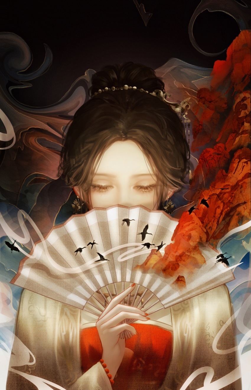 1girl absurdres bead_bracelet beads bird black_background blue_background bracelet brown_eyes brown_hair character_request chinese_clothes chinese_commentary commentary_request covered_mouth crane_(animal) downturned_eyes dress earrings eyelashes fog folding_fan gold_earrings gradient_background hair_beads hair_bun hair_ornament hairpin half-closed_eyes hand_fan highres holding holding_fan jewelry jiaopiupiu long_sleeves mountain nail_polish nikki_(series) red_dress red_nails robe shining_nikki short_hair single_hair_bun smoke solo straight-on tassel tassel_hair_ornament updo upper_body white_robe wide_sleeves