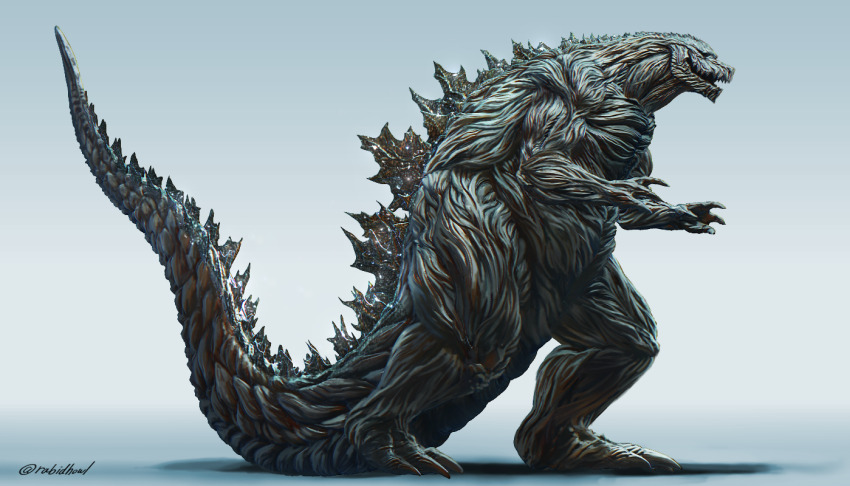 blue_eyes claws electricity energy full_body giant giant_monster glowing glowing_eyes glowing_spikes godzilla godzilla:_planet_of_the_monsters godzilla_(series) godzilla_earth hanekura_bou kaiju monster no_humans open_mouth plant polygon_pictures shadow sharp_teeth simple_background spikes tail teeth toho