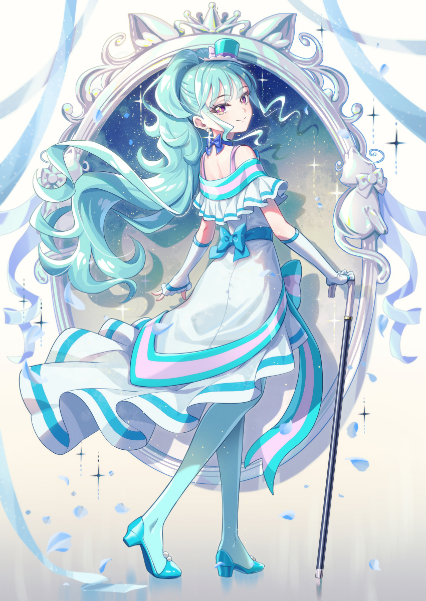 1girl absurdres aqua_bow aqua_hair aqua_hat aqua_shoes aqua_thighhighs back_bow blue_choker bow cane choker closed_mouth cure_lillian dress dress_bow earrings from_side full_body gloves half_gloves hat high_heels highres holding holding_cane jewelry long_hair looking_at_viewer magical_girl medium_dress mini_hat mini_top_hat mirror nekoyashiki_mayu off-shoulder_dress off_shoulder petals precure purple_eyes rice_rabbit22 shadow shoes side_ponytail smile solo sparkle standing thighhighs top_hat very_long_hair walking white_dress white_gloves wind wonderful_precure!