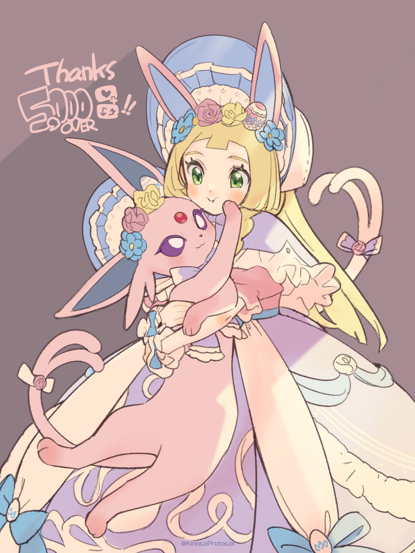 1girl alternate_costume blonde_hair dress espeon espeon_(botanical_easter) gen_2_pokemon green_eyes highres kinocopro lillie_(pokemon) nintendo pokemon pokemon_sm