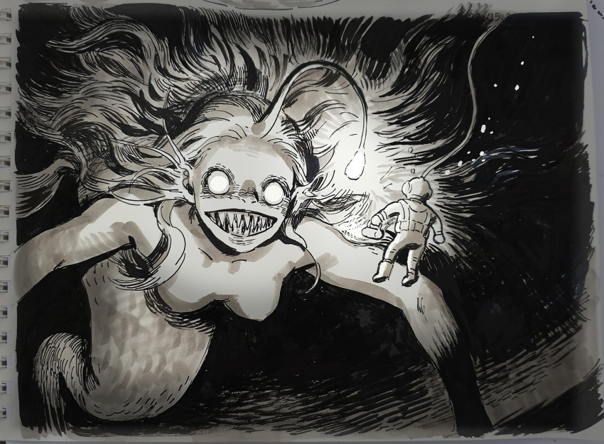 1girl 1other air_bubble ambiguous_gender anglerfish_girl black_background bubble completely_nude diving_helmet floating_hair full_body giant giantess glowing greyscale grin helmet highres long_hair looking_at_another mermaid monochrome monster_girl no_pupils nude original prema-ja sharp_teeth simple_background size_difference smile solo teeth underwater