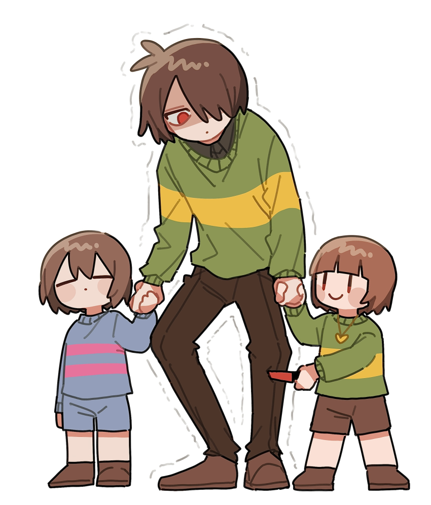 3others =_= absurdres androgynous blue_shorts blue_sweater blunt_bangs blush_stickers brown_footwear brown_hair brown_pants brown_shorts c: chara_(undertale) child closed_eyes closed_mouth deltarune dot_mouth frisk_(undertale) full_body green_sweater hair_over_one_eye heart_pendant height_difference highres holding_hands kris_(deltarune) multiple_others no_nose one_eye_covered other_focus pants red_eyes shaded_face shoes short_hair shorts simple_background smile stab standing sweater tadeno trembling undertale white_background |_|