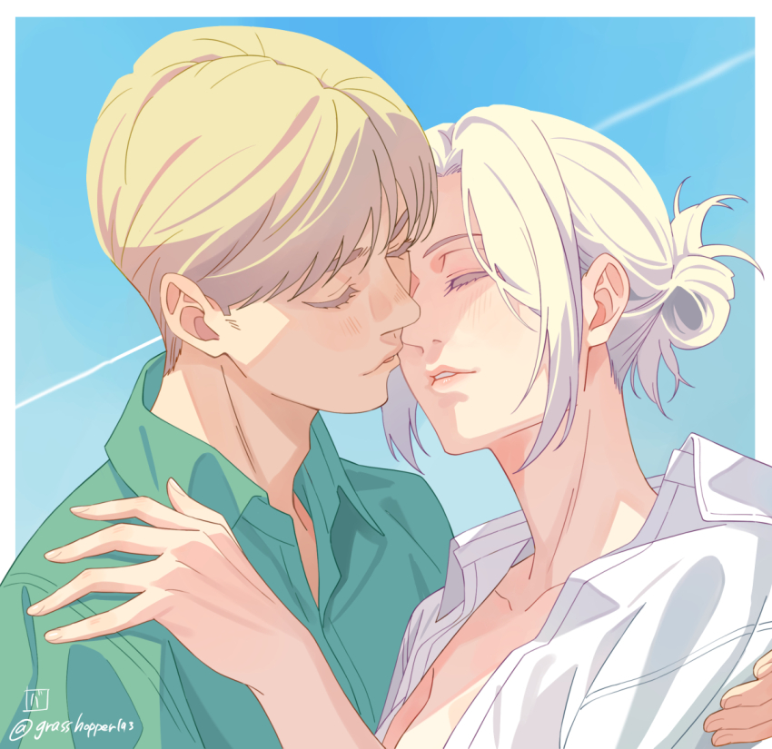 1boy 1girl annie_leonhart armin_arlert artist_name blonde_hair blue_background border closed_eyes collarbone couple fingernails grasshopper193 green_shirt hand_on_another&#039;s_shoulder hetero imminent_kiss kiss_day light_blush open_clothes open_shirt outside_border parted_bangs parted_lips shingeki_no_kyojin shirt short_hair simple_background teeth twitter_username updo upper_body white_border white_shirt