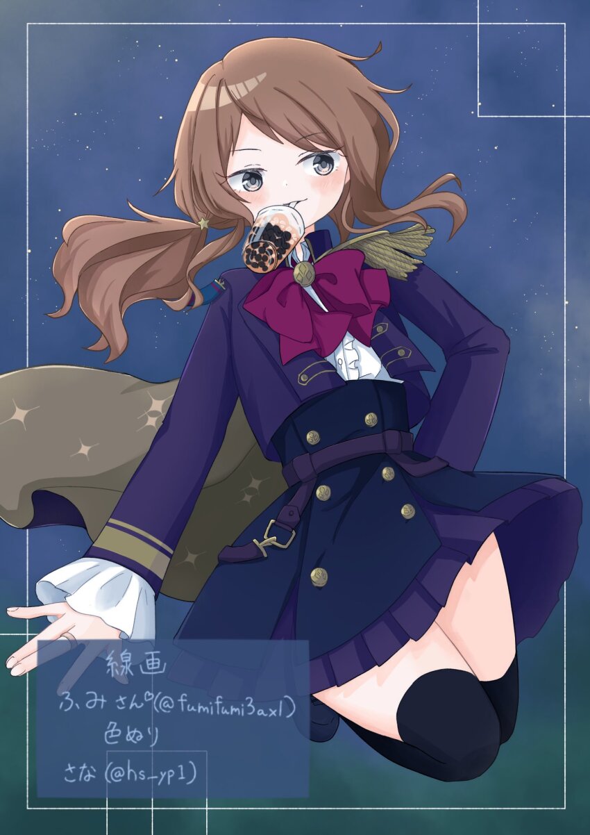 1girl artist_collaboration artist_name assault_lily belt black_shoes black_thighhighs blue_background blue_skirt blush bow bowtie brown_hair bubble_tea buttons center_frills closed_mouth commentary_request cup disposable_cup drinking_straw drinking_straw_in_mouth epaulettes fingernails floating floating_hair frilled_shirt frilled_skirt frilled_sleeves frills full_body fumi_(fumifumi3axl) gradient_background green_background grey_eyes hair_ornament hand_on_own_hip high-waist_skirt highres iijima_renka jacket jewelry layered_skirt legs_up light_particles light_smile long_hair long_sleeves looking_at_viewer low_ponytail mouth_hold open_clothes open_jacket ponytail purple_belt purple_jacket purple_skirt red_bow red_bowtie ring sana_(hs_yp1) shirt shoes side_ponytail single_epaulette skirt sleeves_past_wrists solo star_(symbol) star_hair_ornament thighhighs translation_request twitter_username two-tone_skirt white_shirt zettai_ryouiki