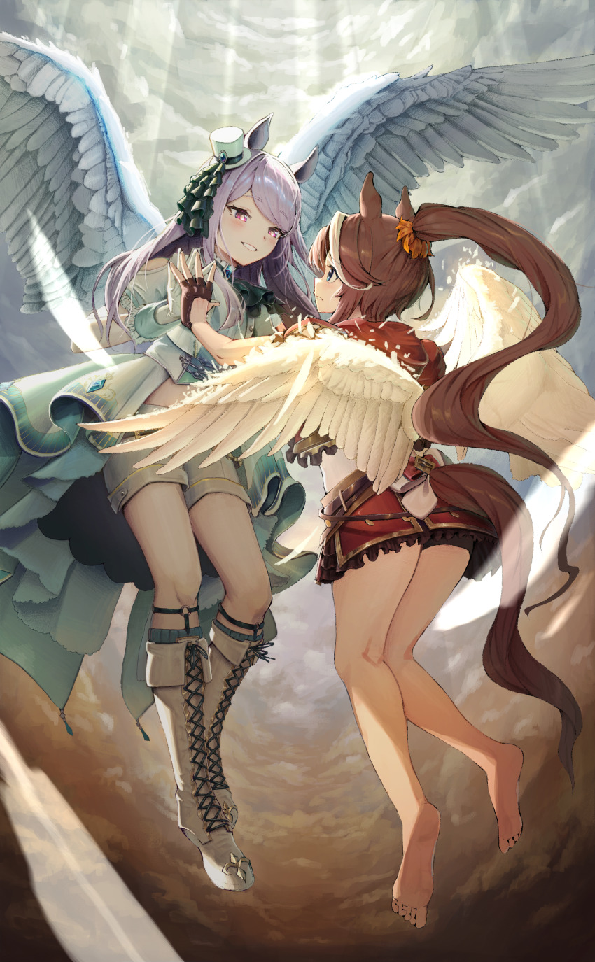2girls absurdres animal_ears barefoot blue_eyes boots breasts brown_hair commentary_request fingerless_gloves full_body gloves grin hair_between_eyes hair_ornament highres horse_ears horse_girl knee_boots looking_at_viewer mejiro_mcqueen_(end_of_sky)_(umamusume) mejiro_mcqueen_(umamusume) midair midriff multiple_girls navel official_alternate_costume official_alternate_hairstyle open_mouth purple_eyes purple_hair shorts small_breasts smile tokai_teio_(beyond_the_horizon)_(umamusume) tokai_teio_(umamusume) tsujiya_okuyasu umamusume white_footwear wings