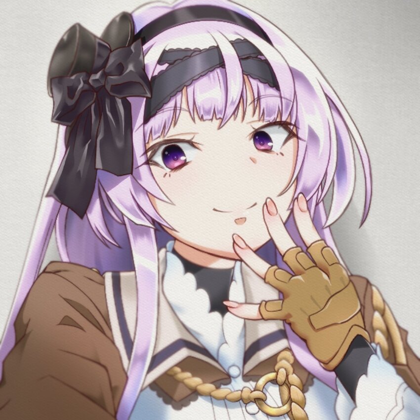 1girl assault_lily black_bow black_hairband black_hat bow brown_gloves brown_jacket buttons closed_mouth commentary_request digamma fingerless_gloves fingernails gloves grey_background hair_bow hairband hand_to_own_mouth hands_up hat highres jacket long_hair long_sleeves looking_at_viewer mini_hat mini_top_hat open_clothes open_jacket portrait purple_eyes purple_hair reaching reaching_towards_viewer school_uniform shirt sidelocks simple_background smile solo tilted_headwear top_hat tsuzuki_hisui white_shirt
