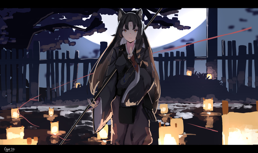 1girl absurdres animal_ear_fluff animal_ears arknights black_hair black_kimono brown_eyes brown_pants commentary facial_mark fence forehead_mark full_moon gar32 hand_up highres holding japanese_clothes kimono kuji-in lantern letterboxed long_hair long_sleeves moon night outdoors pants parted_bangs parted_lips puffy_pants saga_(arknights) solo standing tree very_long_hair wide_sleeves