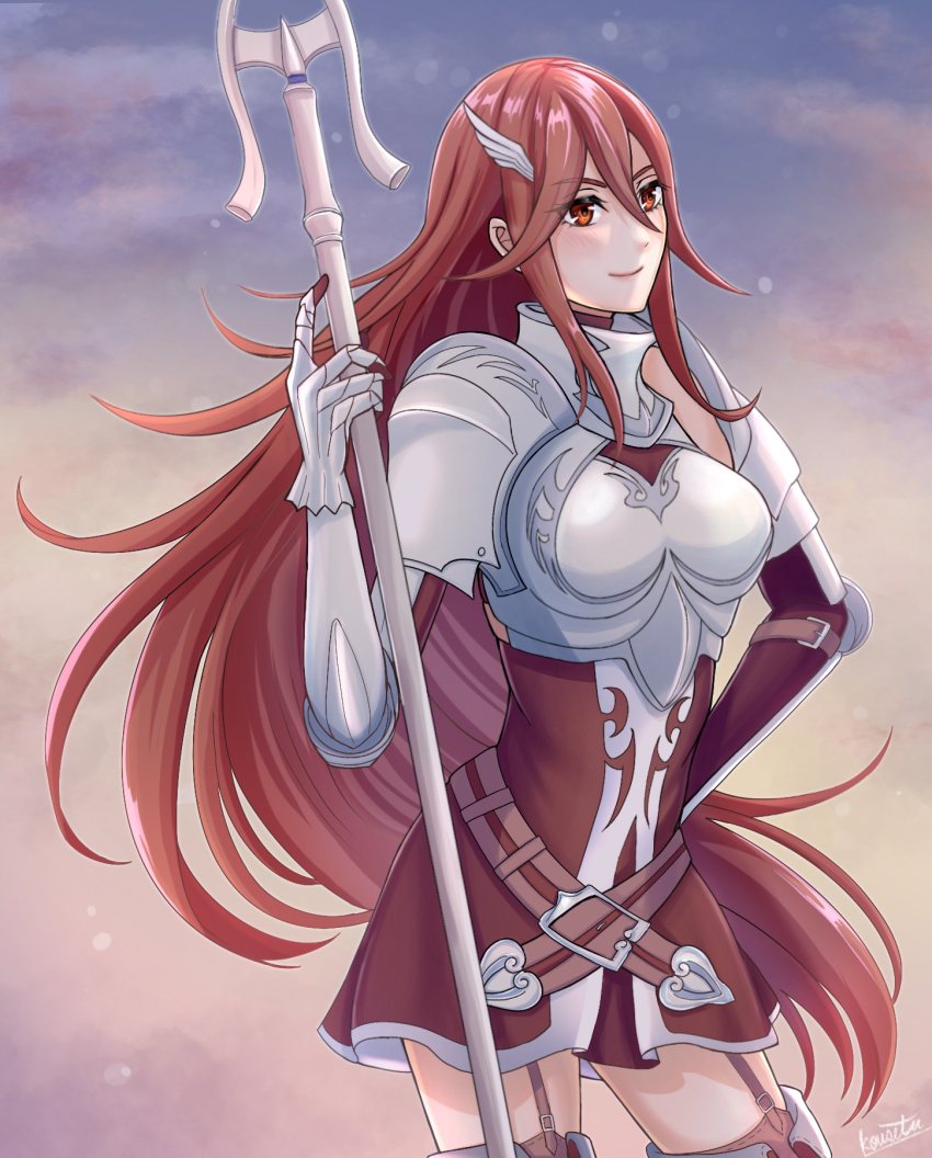 armor armored_dress belt blush breastplate closed_mouth cloud commentary cordelia_(fire_emblem) dress fire_emblem fire_emblem_awakening gauntlets hair_between_eyes hair_ornament hand_on_own_hip highres holding holding_polearm holding_weapon kousetu0506 long_hair looking_at_viewer nintendo outdoors pauldrons polearm red_belt red_dress red_eyes red_hair shoulder_armor signature sky smile spear very_long_hair weapon wing_hair_ornament