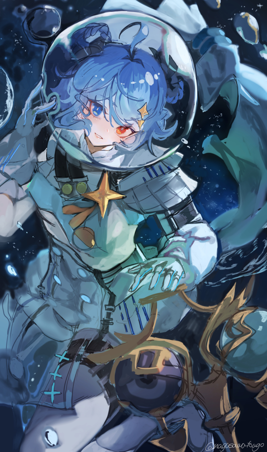 1girl ahoge blue_eyes blue_hair boots commission gloves hair_between_eyes hair_ornament helmet hetero highres nagasawa_tougo orbit original red_eyes solo space spacesuit star_(sky) twitter_username