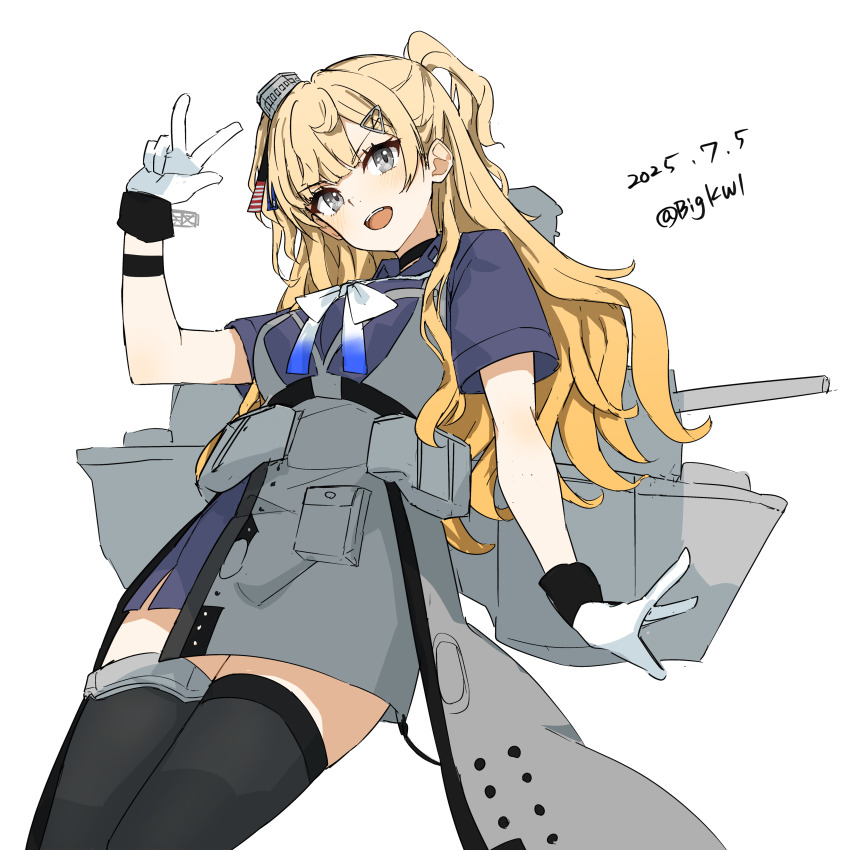 1girl absurdres adapted_turret apron bigkwl black_thighhighs blonde_hair breasts cannon dated grey_apron grey_eyes grey_overskirt hair_between_eyes hair_ornament hairclip highres kantai_collection large_breasts long_hair long_necktie looking_at_viewer machinery minneapolis_(kancolle) pleated_skirt rigging ship_turret shirt skirt smile solo thighhighs two-tone_gloves two_side_up wavy_hair white_background