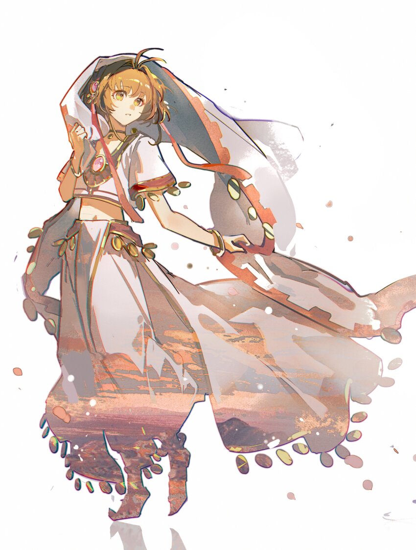 1girl absurdres bracelet brown_hair choker crop_top full_body green_eyes hair_intakes highres jewelry looking_to_the_side mento pants sakura_hime short_hair short_sleeves simple_background solo tsubasa_chronicle white_background