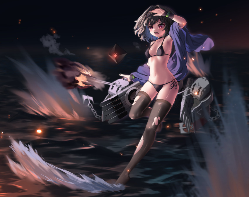 1girl absurdres arm_up armpits azur_lane bikini black_bikini black_choker black_hair black_thighhighs blue_shawl cannon choker clothes_writing cooper_(azur_lane) hachimaki hairband headband highres machinery medium_hair ocean rigging seori shawl ship_turret side-tie_bikini_bottom solo standing standing_on_liquid standing_on_one_leg string_bikini swimsuit thighhighs torn_clothes torn_thighhighs torpedo_launcher torpedo_tubes