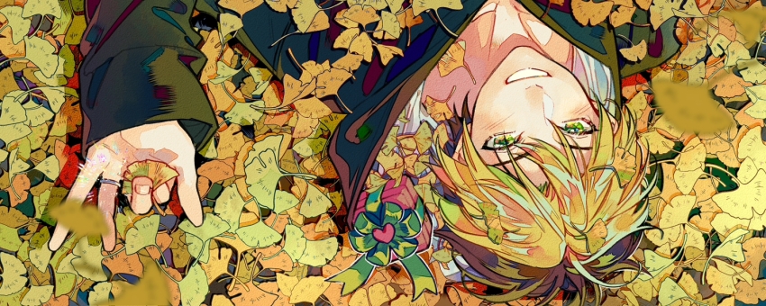 1boy bishounen black_hood black_hoodie black_sleeves blonde_hair chinese_commentary commentary_request gift green_eyes grin hair_between_eyes happy hikaru_no_go holding holding_leaf hood hood_down hoodie hun_(endlesslovehikaru) jewelry leaf leaf_on_head leaf_pile light_blush long_sleeves looking_at_viewer lying male_focus on_back ring shindou_hikaru short_hair sleeves_past_wrists smile solo two-sided_hood upper_body upside-down white_hood