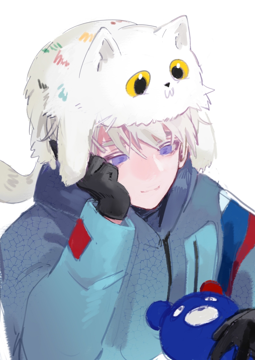 1boy absurdres animal_hat axis_powers_hetalia baobing black_gloves blue_eyes blue_jacket cat_hat chinese_commentary closed_mouth commentary_request gloves hat head_rest highres holding holding_stuffed_toy hood hood_down hooded_jacket jacket male_focus russia_(hetalia) short_hair smile solo stuffed_animal stuffed_toy teddy_bear upper_body white_hair white_hat
